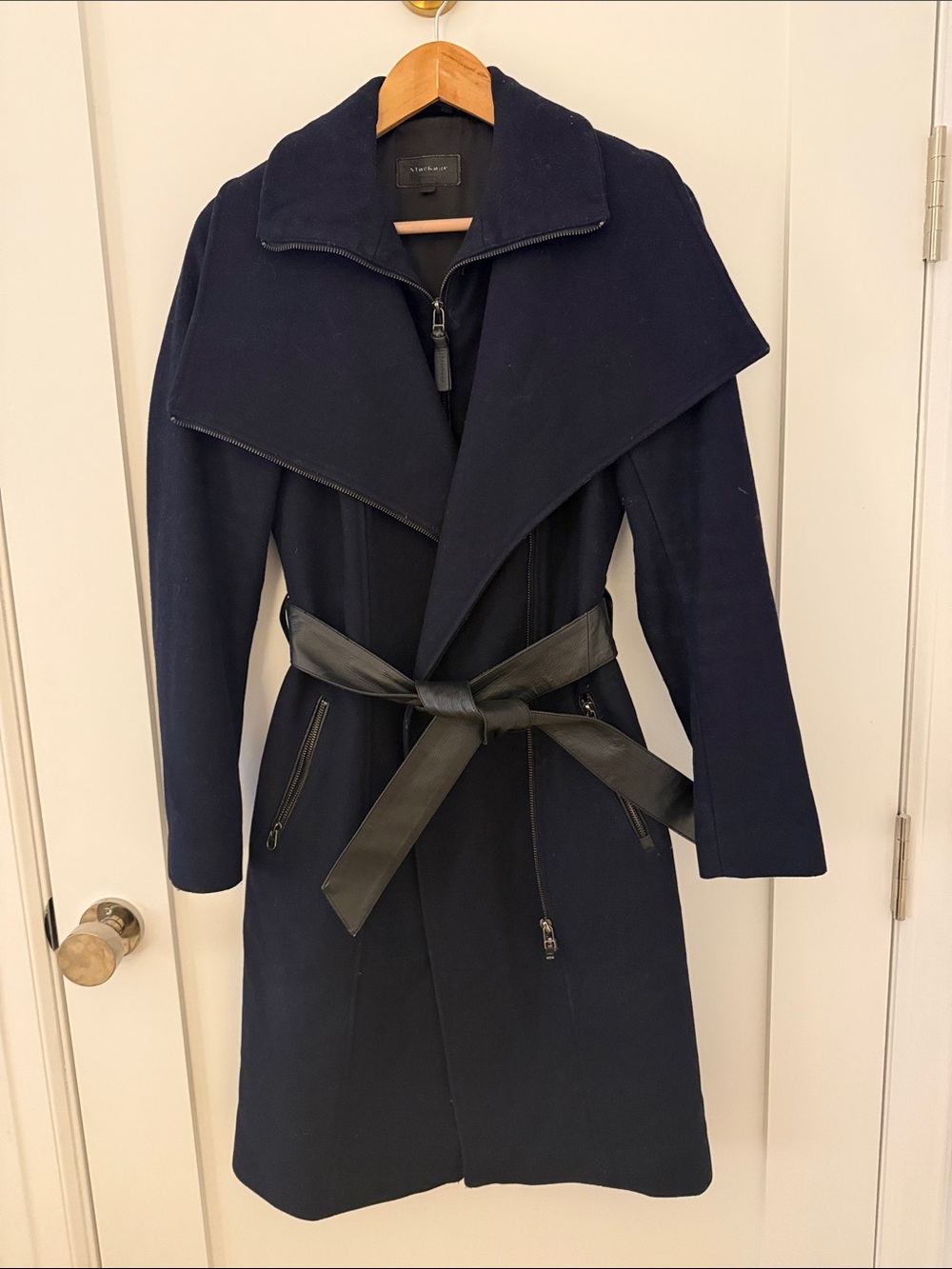 Mackage Navy Trench Coat with Leather Tie Belt